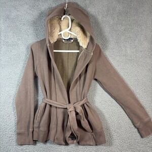 Gap Cardigan Womens XS Taupe Faux Fur Hooded Wrap Belted Fleece Pockets Sweater